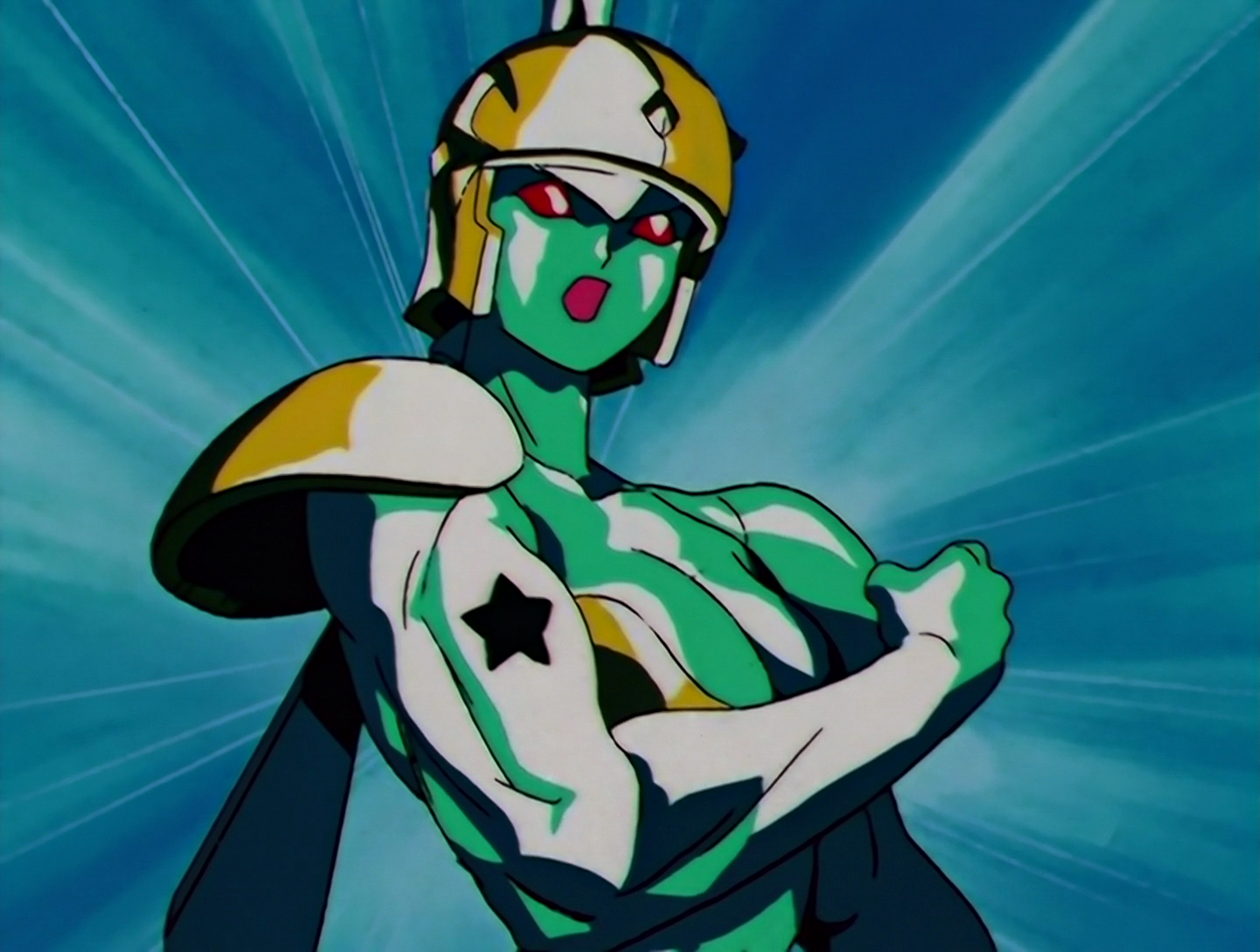 Cenicienta, a Daimon from Sailor Moon episodes 101 and 102. Her skin is green glass, her eyes are red, and she has a gold helmet, shoulder guards and chest armor, making her look like the sexy Halloween version of a centurion. She’s also very buff, and she has a black star mark on her bicep.